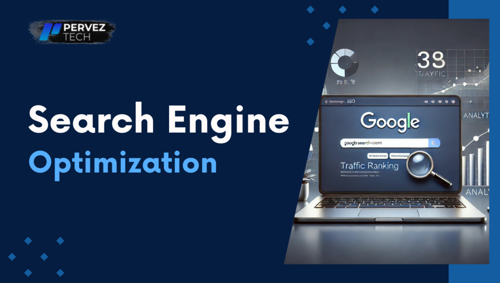 a banner image with title Search Engine Optimization with an image of a laptop