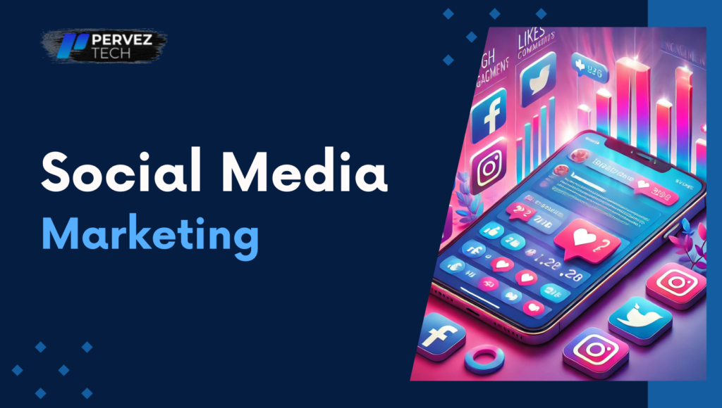 a banner image with title social media marketing with images of social media sites and a mobile