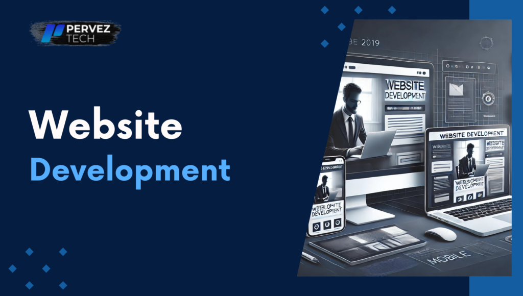 a banner image with title website Development with an image of a laptop