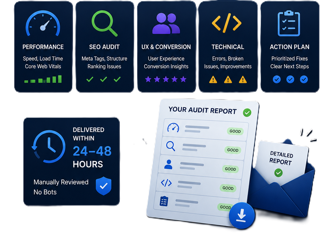 Visual illustration of a website audit report showing website speed optimization, SEO analysis, technical fixes, UX improvements, and performance insights for business websites.