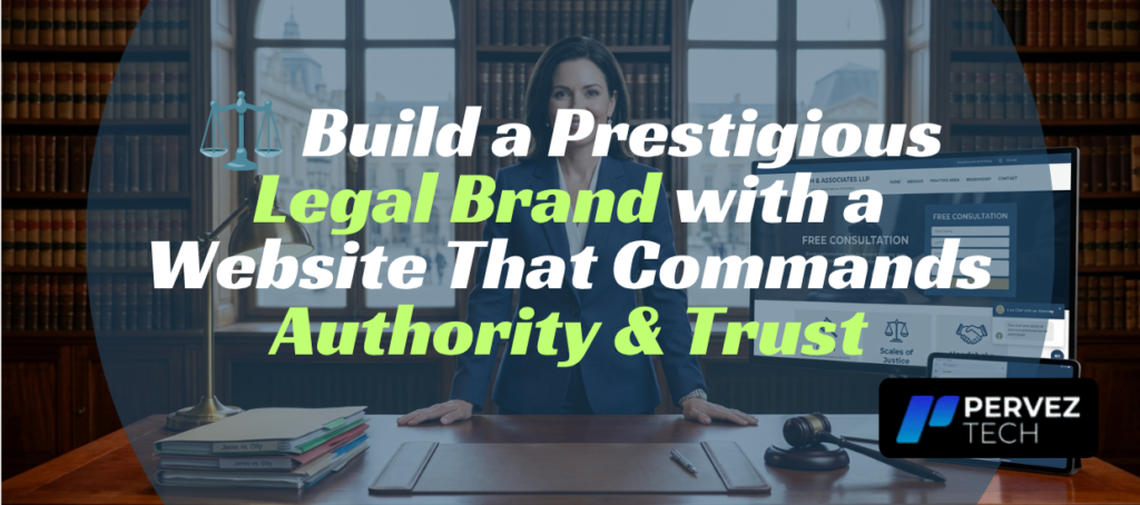 Professional female attorney reviewing a legal website interface with a consultation form and case management dashboards in an elegant wood-paneled office.