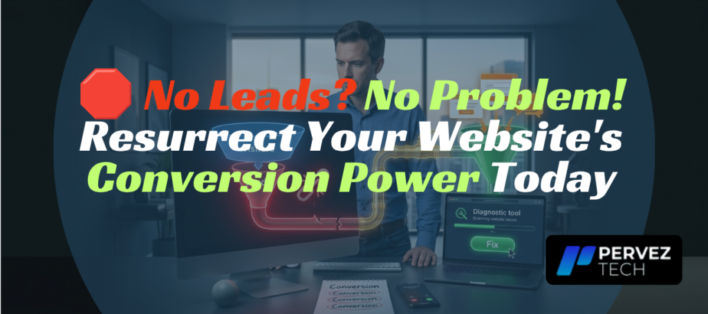Determined small-business owner analyzing a leaking sales funnel with shrinking leads on a dashboard, while a laptop offers a green solution interface.